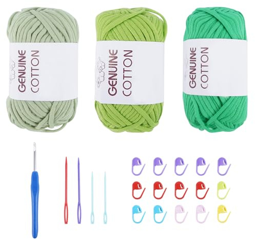 FOGAWA Lot de 3 Pelote Coton pour Crochet Fil Coton pour Débutants, pelotes de fil textile pour t-shirt, Pelotes de Fil à Tricoter et à Crochet pour Écharpes, paniers, tapis (3x50g vert)