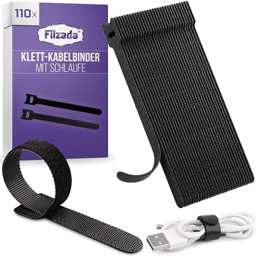 Filzada® 110x Klett Kabelbinder - Klettband Kabelbinder 150 x 12mm - wiederverwendbare Kabel Binder Klett - Klettkabelbinder mit Schlaufe - Kabel Klettband - Kabelklett - Klettverschluss