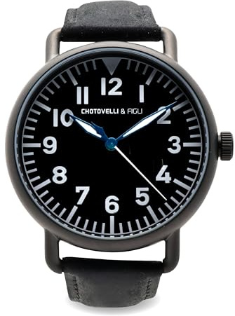 chotovelli Men’s Flieger Pilot Watch - Black B-uhr Dial, Domed Crystal, Black Leather Strap (Tipo.4)