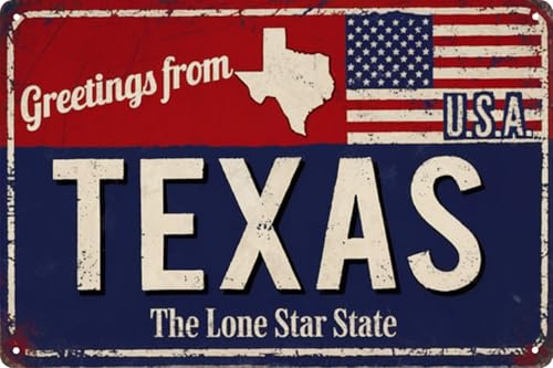 Texas Vintage Greetings License Plate Metal Sign 8x12 in USA Flag & Lone Star State Wall Art Decor for Home Bar Cafe Garage Weather Resistant Metal Plaque
