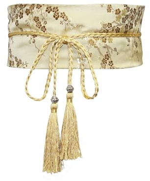 ZooBoo Chinese Satin Embroidered Waist Belt–Hanfu Tassel Waist Cincher Traditional Floral Brocade Obi Sash for Women