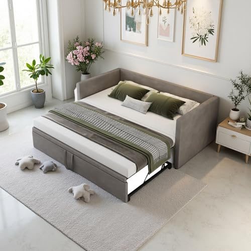 DAHUEN Dagsäng, 90/180 x 200 cm, soffa med sovfunktion, säng med ribbotten, utdragbar bäddsoffa, vikbar med ribbotten, sammet, utan madrass (grå, 90/180 x 200 cm)