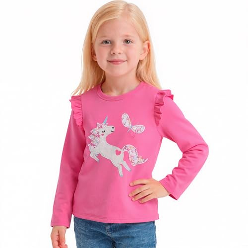 JinBei Maglietta Manica Lunga Bambina Cotone Collo Rotondo Magliette Maniche Lunghe con Volant T-Shirt Vestiti Stampato con Motivi Unicorno Top Bambine per Scuola Casual Fucsia, 3-4 Anni
