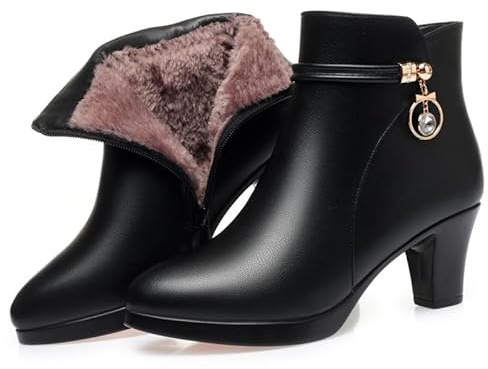 JXpxbao Damen Stiefeletten Mit Reißverschluss Absatz Stiefel Plateau Gefüttert Ankle Boots Aus Leder Extrem Warme Winterstiefel Damen Wasserdicht (Schwarz,39)