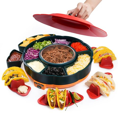 TECKZOON Set Taco Tuesday, Juego para Tacos y Fondue de Chocolate con Recipiente Calefactor de 1 L, 3 Niveles de Temperatura, 4 Soportes y Bandeja giratoria, Ideal para cenas Familiares y postres