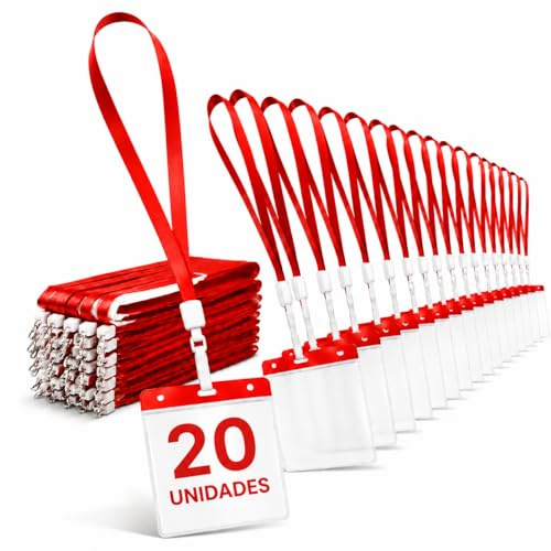 Pack 20 Porta Tarjetas Identificativas con Lanyard Rojo y Funda Transparente de 110x80mm | Portatarjetas Colgante para Credenciales, Oficina, Eventos y Acreditaciones (Pack 20)