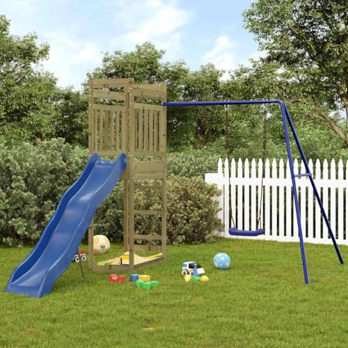 mzdioop Torre de juegos de madera de pino impregnada con columpio, tobogán ondulado, arenero, estructura de escalada y barandilla de seguridad para jardín, terraza, parque infantil, movimiento y