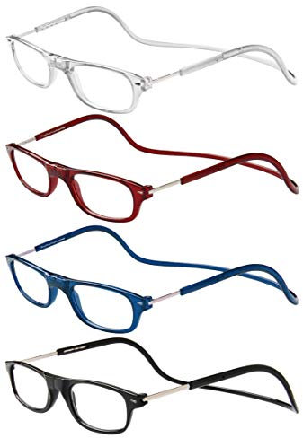 TBOC Lunettes de Vue Lecture - [Pack 4 Unités] Monture [Transparent Bourdeaux Bleu Noir] +3.00 Dioptrie Femme Homme Aimant Fermeture Loupes Vue Près Pliable Régable Magnetique