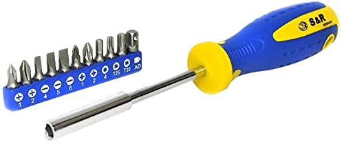 S&R Giravite Portainserti Magnetico / Set Punte per Cacciavite ad incastro con 11 punte (piatte - a croce - Torx)