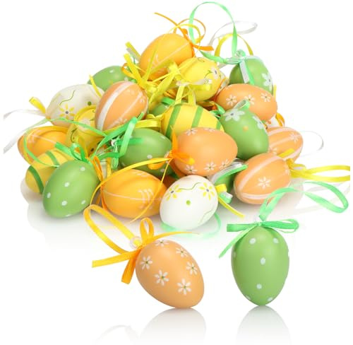 COM-FOUR® 36 uova di Pasqua da appendere - decorazioni pasquali dipinte a mano in fantastici colori - uova di Pasqua decorative con bellissimi motivi (Fiori/Punti - 01)
