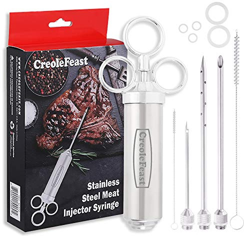 Creole Feast IS1001 Stainless Steel Meat Injector Syringe Kit with 3 Marinade Needles for BBQ Grill Smoker, 2-oz Capacity Turkey Injector Syringe, Silver