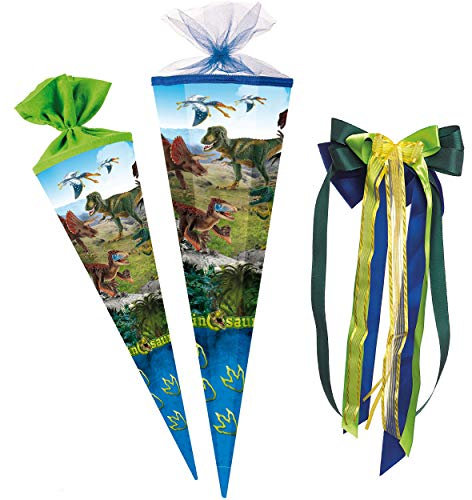alles-meine.de GmbH Schultüte Größenwahl Dinosaurier - Dinosaurs/Dino - 100 cm - eckig - incl. große Schleife - Tüllabschluß - Zuckertüte - mit/ohne Kunststoff Spitze - N..