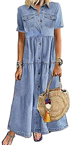 ORANDESIGNE Vestito di Jeans Donna Lungo Estivo Denim Abito Scollo A V Manica Corta Vestiti Elegnati Curvy Maxi Vestitino Jeans Casual Abiti con Tasche E Bottone a Azzurro 3XL