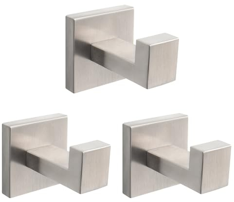 NearMoon Bath Towel Hooks -SUS304 Stainless Steel Square Clothes Robe Hooks Hanger, Heavy Duty Coat Hooks for Bathroom Livingroom Hotel Kitchen Garage, Wall Mounted (3 Pack, Brushed Nickel)