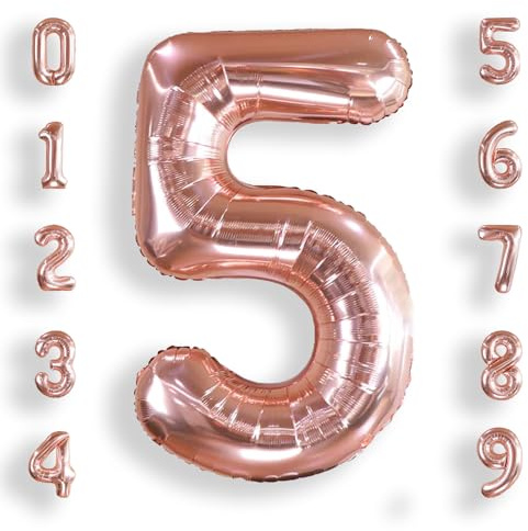 AULE Rose Gold Number 5 Balloon 40 Inch Giant 0-60 Foil Large Balloons | Big Mylar 5 Number Balloon Helium Huge Jumbo for Happy 5th Birthday Party Anniversary Decorations Supplies