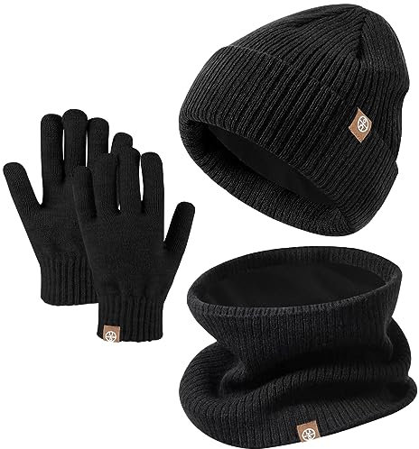 Enwokran 3 Stück Kinder Wintermützen Handschuhe Schal Set Beanie Mütze Warme Gestrickte Touchscreen-Handschuhe Loop WinterSchlauchschal für Jungen Mädchen 5-12 Jahre Outdoor Aktivitäten (Schwarz)