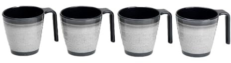 Flamefield Juego de 4 tazas apilables de melamina gris granito, 350 ml, duraderas y compactas, aptas para lavavajillas, precaución para microondas, elegante ahorro de espacio