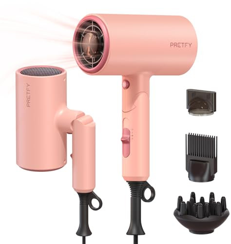 Pretfy Secadores de Pelo Profesional Iónico,2000W Secador de pelo de viaje plegable,Salón Hair Dryer con Botón Frío/Calor,3 Ajustes de Temperatura,con Difusor,Cepillo, Punta Afilada (Rosada)