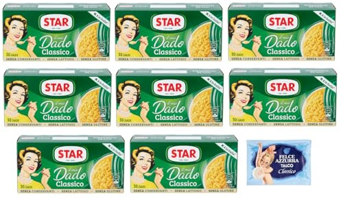 Confezione da 8 Star Il Mio Dado Classico, Preparato per brodo, scatole da 30 dadi + 1 Confezione di Talco Felce Azzurra in omaggio, Busta da 100g