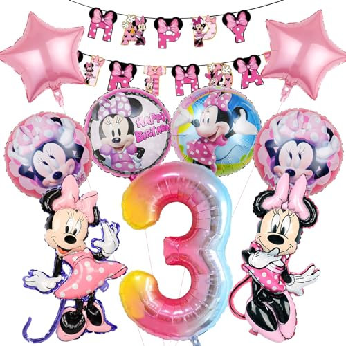10 Stück Minni Mous Luftballons Geburtstag Set 3 Jahre Mädchen, Maus Geburtstagsdeko Folienballon, Kindergeburtstag Luftballons, Minni Maus Geburtstag Party Deko Ballons Set für Kinder (3)