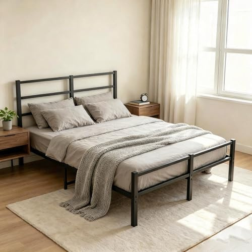 MOFLUT 4ft6 Double Bed Frame with Headboard, Metal Slats Support Platform Bed Frames Double Bed with Storage Under Bed, Enhanced Support Stable Easy Assembly, Noise Free, No Box Spring Needed, Black