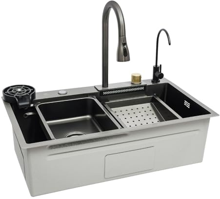 Donened - Fregadero de cocina de 75 x 45 cm, fregadero de cocina, fregadero plateado, lavabo de cocina rectangular, moderno juego de fregadero, fregadero de cocina con 2 grifos, 1 lavabo