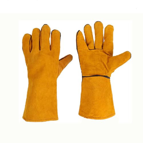 TopHomer Gants de soudage résistants à la chaleur et au feu avec coutures - Longs gants en cuir pour soudeurs, cheminée, barbecue, jardinage (jaune)