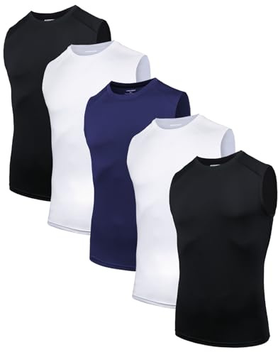 AMZSPORT Lot de 5 Débardeurs Homme Respirant, Maillot de Compression, T-Shirt Fonctionnel, T-Shirt de Course, Débardeur sans Manches pour Sport, Gym, Fitness et Running Noir Blanc Bleu Marine M