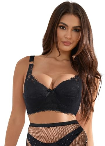 ohmydear Women's Bras Plus Size Comfort T-Shirt Push Up Bra Underwired Full Coverage Lace Bralette Ladies Sexy Brassiere Black Bras for Women UK 38E