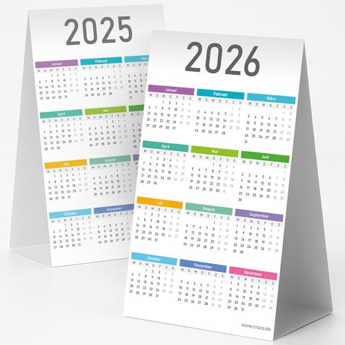 Lot de 2 calendriers de table 2025/2026 à poser, 10 x 16 cm, imprimés des deux côtés (2025 et 2026), calendrier annuel de 12 mois, en carton solide, calendrier de bureau debout