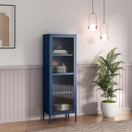 [en.casa] Vitrina Säkylä Aparador para Salón Mueble Auxiliar para Comedor Cocina Dormitorio con Puerta de Cristal y 4 Compartimentos Acero 150 x 50 x 35 cm - Azul Marino y Translúcido