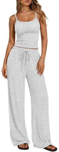 Trendy Queen Womens 2 Piece Lounge Sets Spring Outfits Matching Airport Camisole Tops Wide Leg Pants Summer Fashion Tracksuits 2026 Oatmeal Grey M