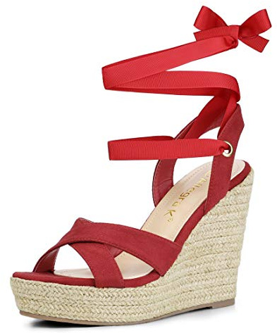 Allegra K Sandales compensées à lacets espadrille pour femmes rouge 38