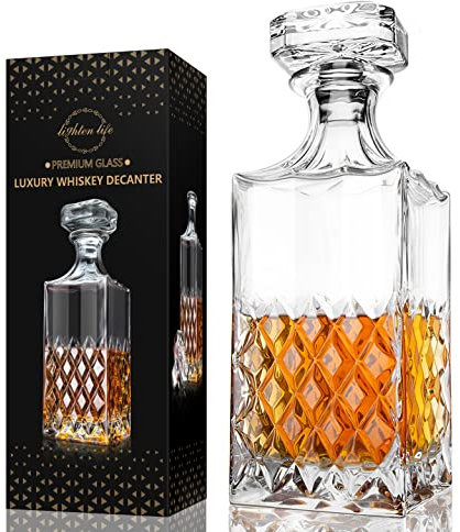 LIGHTEN LIFE Decantador de whisky de cristal con tapón, sin plomo, 828 ml, transparente, duradero, apto para lavavajillas, diseño europeo clásico, caja de regalo incluida