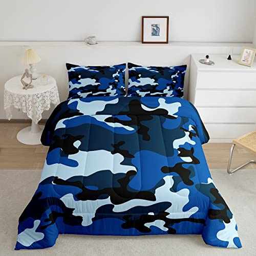 Feelyou Kids Camo Comforter Set Boys Army Camouflage Lightweight Bedding Set Teens Youth Man Colorful Pattern Art Decor Comforter Dark Blue Quilt Set Room Decor 2Pcs Twin Size