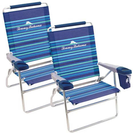 Tommy Bahama Set of 2 Highboy 4 Position Beach Chairs 15 Inch Seat Height with Cupholder, Side Storage Pouch and Mobile Phone Holder