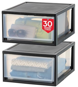 IRIS USA 30 Qt. Plastic Drawer Storage Organizer Stacking Drawers, 2-Pack, Stackable Unit with Sliding Drawer for Clothes Bedroom Kitchen Under Sink Pantry Craft Room Bathroom Dorm Office, Black