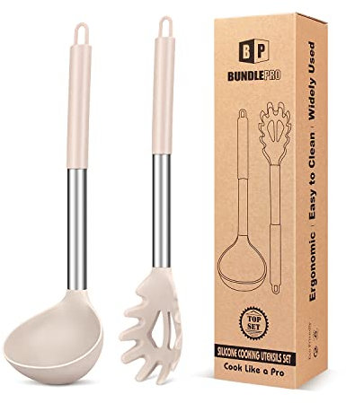 Silicone Pasta Fork and Ladle Spoon Set, Large Non Stick Kitchen Utensils for Cooking,Stirring,Serving Spaghetti, Soup, Sauce(Khaki)