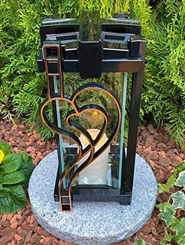 Lanterne funéraire avec cœur doré 33 cm H – Bougie funéraire avec bougie décorative