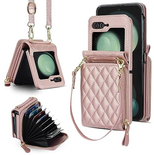 XIZYO Fermeture à Glissière Paquet de Cartes Flip PU Cuir Coque pour Samsung Galaxy Z Flip 5, avec Lanière Amovible et Réglable, Housse Filles Femmes Mignon Luxe avec Porte-Cartes, Or Rose