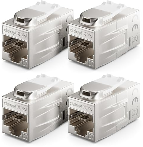 deleyCON 4 Stycke CAT 7 Koppling Keystone Metall 2x RJ45-uttag Kontakt för RJ45 Patchkabel 600 MHz 10 Gbps LAN DSL Ethernet och Användbar som Keystone Silver