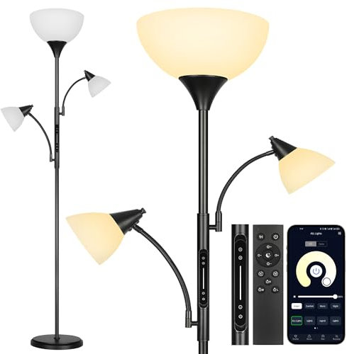 OUTON Stehlampe mit 3 Leselampe, LED Dimmbar Deckenfluter, Stehleuchte mit Fernbedienung, Touch, APP Steuerung, 4 Farbtemperaturen, 1H Timer, Speicherfunktion, 3X9W Glühbirnen, für Büro Schlafzimmer