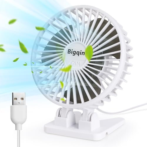 Bigqin Petit ventilateur de bureau USB puissant avec 3 vitesses, réglage à 90° pour chambre, bureau, maison, voiture - Blanc