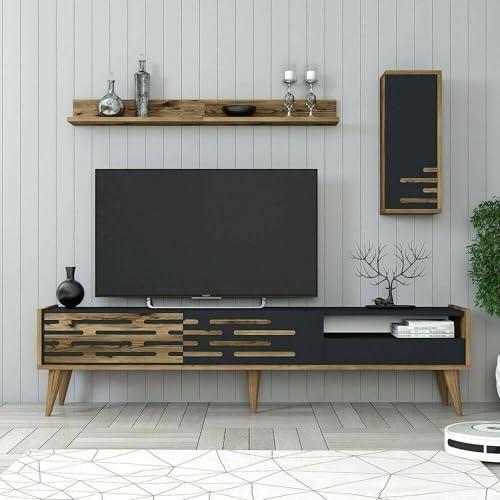Dmora - Mobile porta TV Alnilam, Credenza da soggiorno, Armadio basso per TV, Base parete attrezzata, 180x45h35 cm, Antracite e Noce