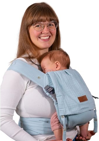 SCHMUSEWOLKE Musselin Babytrage Aurora - Babytrage aus weichem Musselin - ab Geburt bzw. ab 2,5 kg bis 12 kg - leicht und bequem - Bio-Baumwolle - Breeze