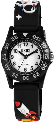 Qbos Orologio per bambini razzo astronauta universo bianco nero analogico al quarzo ragazza ragazzi bambini, Nero , cinghia