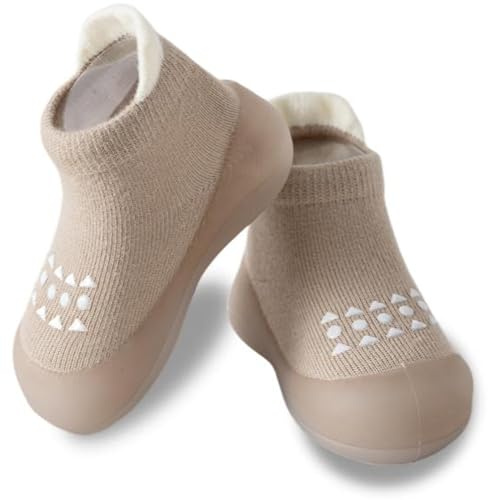Hstyle Baby Sock Shoes Toddler Walking Shoes Infant Non-Slip Slippers Soft Rubber Sole Sneakers for Baby Boys Girls 9-12 Months Brown