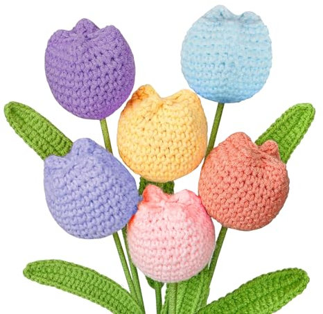 BAGUBDR 6Pcs Artificial Tulip Crochet Flowers Bouquet，Crochet Flowers Bouquet Artificial Floral Decorations For Anniversary Graduation Mother's Day, Graduation, Valentine's Day