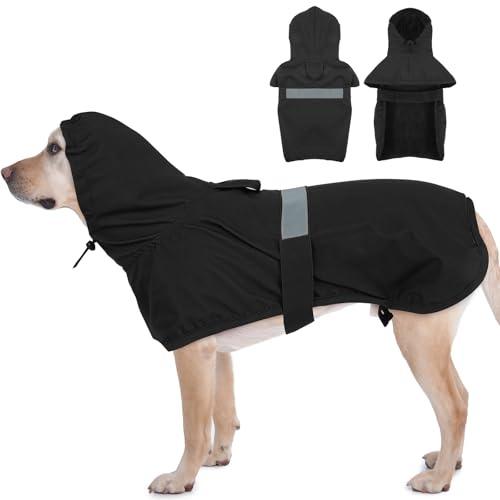 MIGOHI Dog Rain Coat, Hooded Rain Jacket for Dog | Adjustable Hood and Hind Leg Straps Dogs Rain Coat, Reflective Strap for Night Walking, Black, XL
