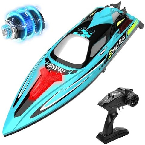 DEERC Bateau radiocommandé sans balais pour adultes - 34 MPH - Batterie 3S - Lumières LED - Auto-assemblage - 2,4 GHz - Bateau de course pour lac de piscine - Jouet cadeau pour garçons et filles